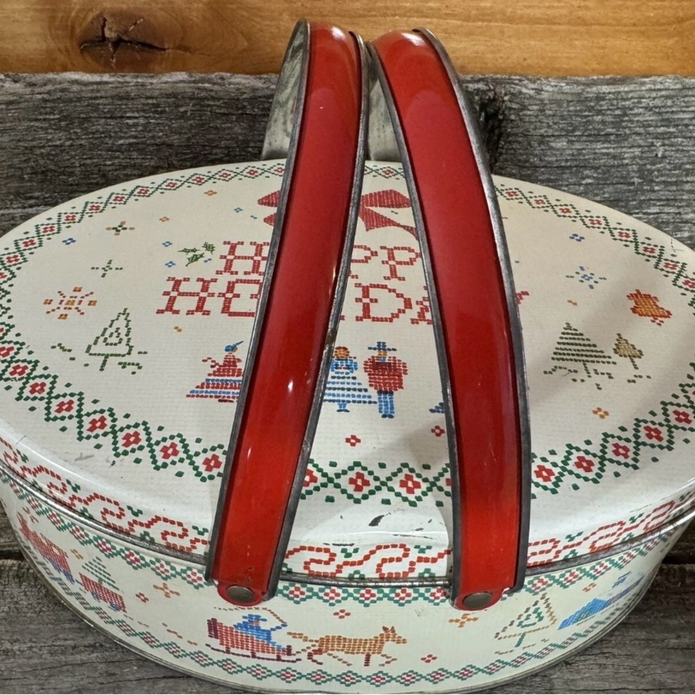 Festive Vintage Holiday Tin with Red Handles